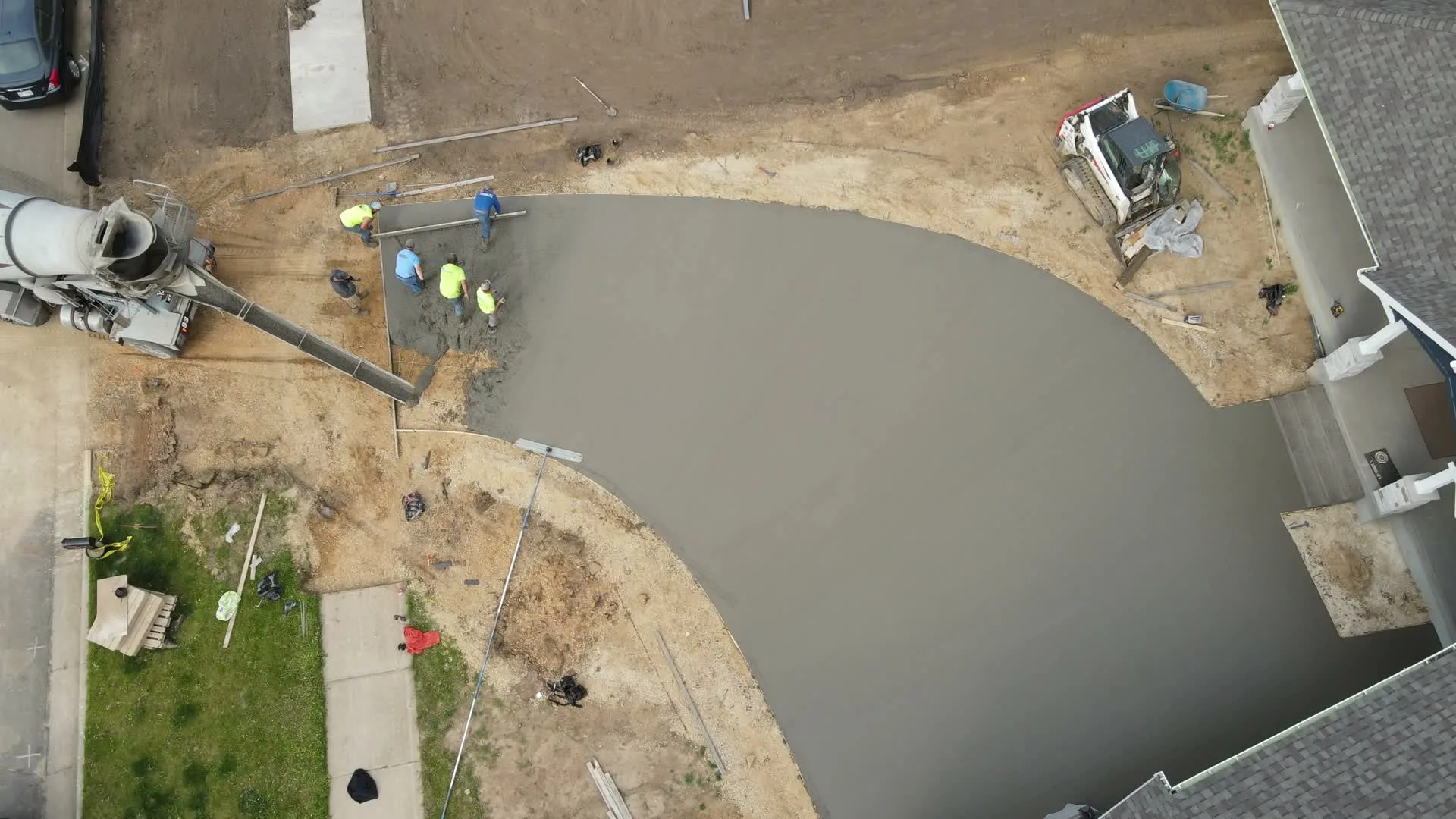 Aerial view of a concrete driveway pour in progress